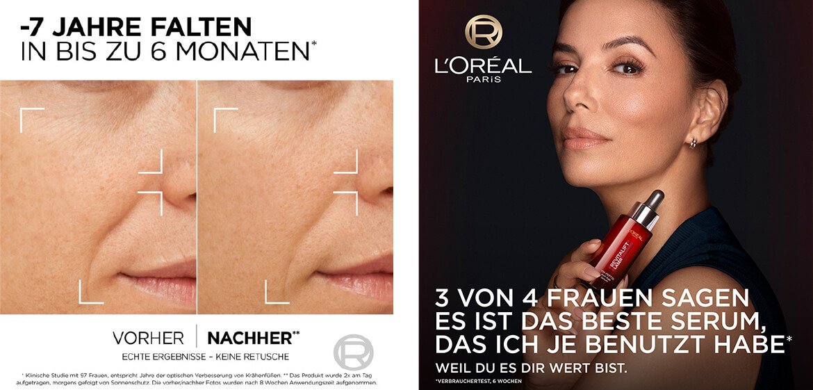 Vorher Nachher Vergleich eines Gesichts nach Anwendung von Revitalift und Eva Longoria präsentiert das Serum